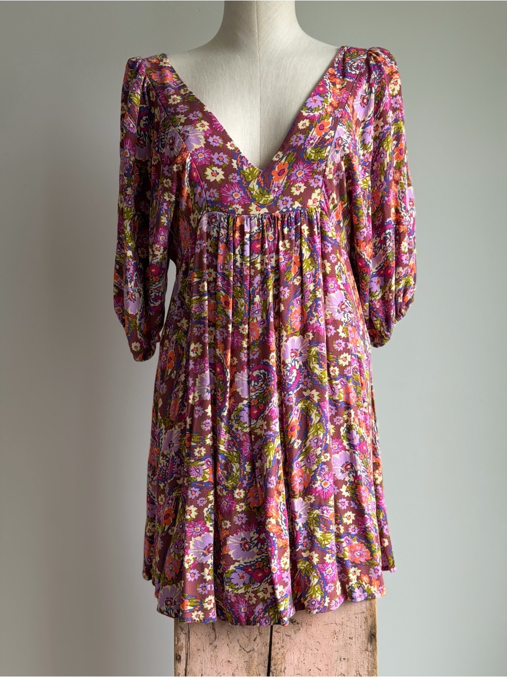 Millibon Floral Empire Mini Dress in Pink, Purple and Green
